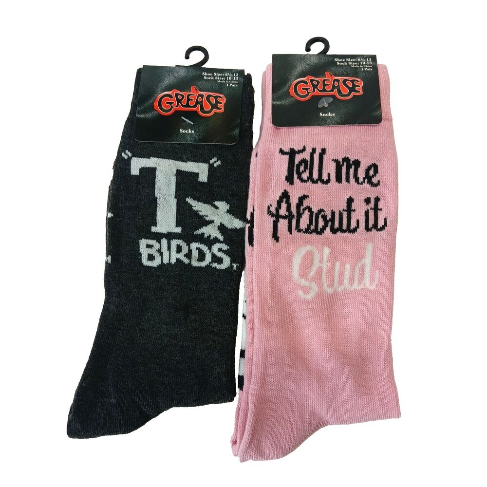 Grease Movie TBirds Pink Ladies Men Novelty Crew Socks 2 Pair Size 6-12 NWT
